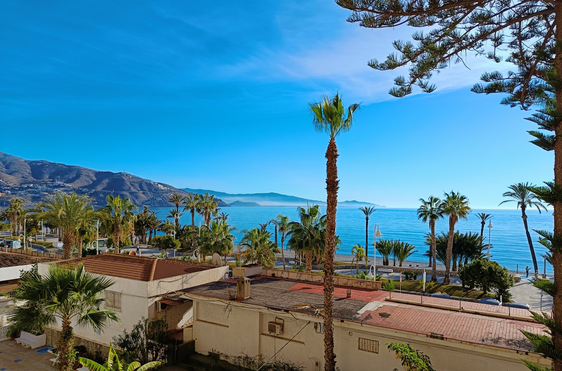 Vista desde el balcón sobre el jardín y el mar hacia las montañas